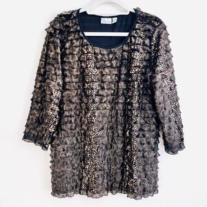 🎉Clearance🎉Kim Rogers Black & Gold Shimmery Tiered Stretchy Blouse Plus 2X